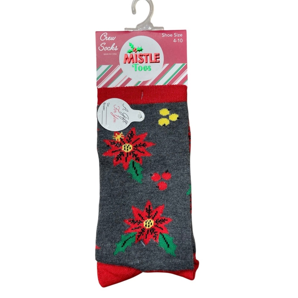Mistle Toes Crew Socks Christmas Holiday‎ Poinsettia Festive Shoe Size 4-10